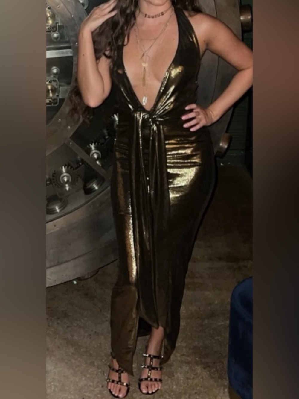 SHEIN Metallic Gold Plunge Tie-Front Maxi Dress